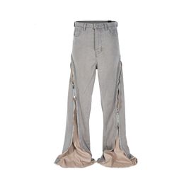 RO Long Zipper Silhouette Pantalones Hombre Sashes Baggy Jeans pour hommes et femmes Straitement Y2K Denim Pantalons surdimensionnés Cargos 240430