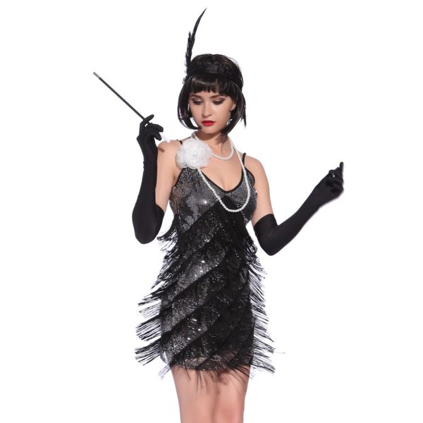 Roaring 1920s Flapper Dress Costumes Great Gatsby Party Dress V-Neck Backless Spaghetti Strap Fringe Mini Dance