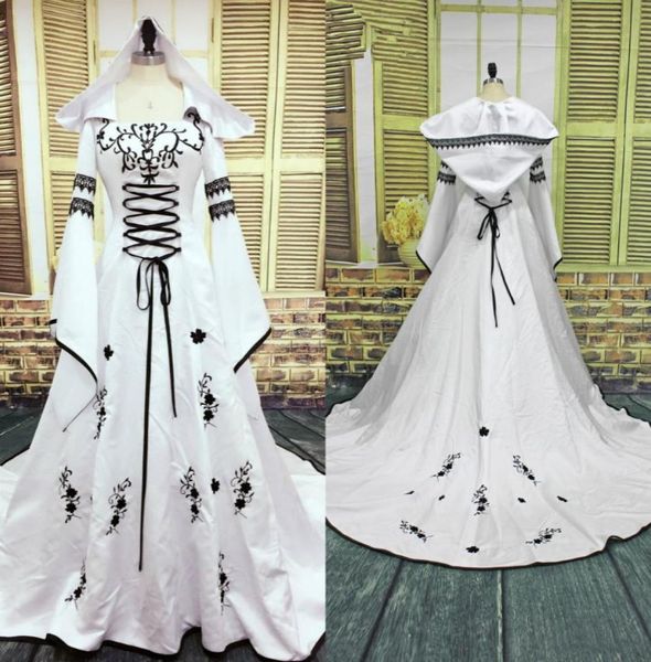Robe De Mariage 2019 Vestido de novia medieval Vestidos de novia por encargo Bordado Una línea Vestido de novia de satén blanco y negro 1732131