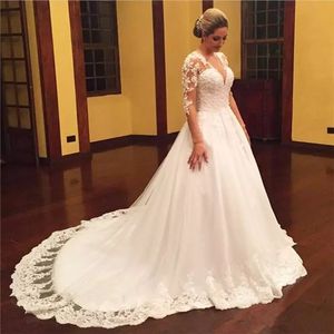 Robe de Mariee 2019 Trouwjurken Illusie Lange Mouwen Diepe V-hals Kant Elegante Bruid Jurken Trouwjurk Vestido de Novias Casamento