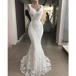 Robe de Mariee 2020 Apliques de encaje recortado Mermaid Vestidos de novia sin mangas vacíos Vestidos de novia elegante de tamaño grande 208 años