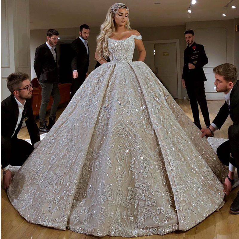 Robe De Mariee Luxo árabe Dubai completa frisada vestido de baile Vestido de Noiva Off Shoulder Tribunal Trem nupcial do casamento Vestidos CPH078