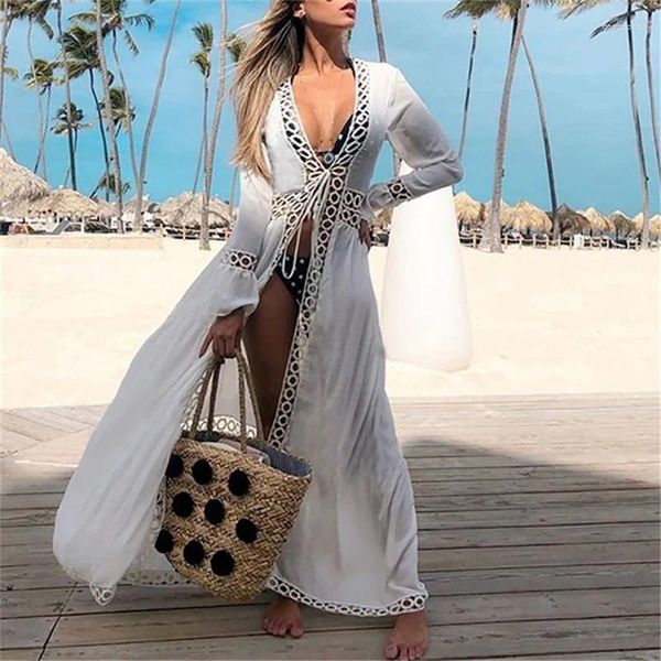 Robe de Page Flare Sleeve Bikini Cover Ups Taunique Swimwear Hollow Out White Pareo Beach Dress Kaftan Saida Praia Sarong