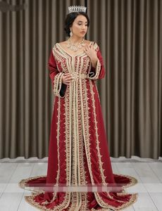 Robe De soirée en Satin rouge De luxe, tenue De soirée musulmane, manches longues, broderie dorée, Robe De bal