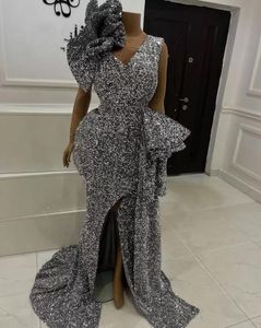 Robe de Soirée Femme Plus Size Avondjurken voor Dames Silver Party Sequin Aso Ebi Split Mermaid Prom Reception Jurken Sweep Trein