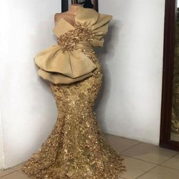 Robe de soirée de mariage robe de soirée sirène dorée grand nœud longue appliquée perlée robe de bal africaine robes arabes formales253i
