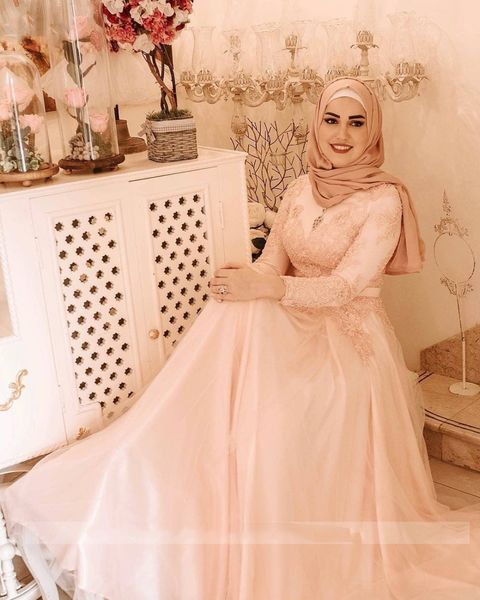 Robe De Soirée De Mariage Musulman Robes De Soirée Perle Rose A-ligne Appliques Tulle À Manches Longues Dentelle Élégant Hijab Robes De Bal