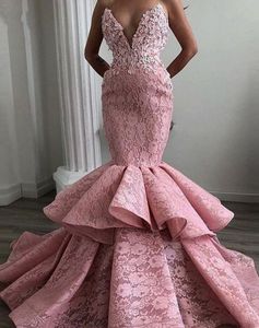 Robe de soiree avondjurken zeemeermin strapless v nek roze kant abiye formele prom feestje optocht jurken met appliques custom