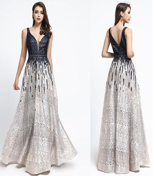 Robe De Soiree Gatsby 2019 Lentejuelas negras de lujo ALine Vestidos de noche yousef aljasmi sexy cuello en v con cuentas de cristal árabe Vestidos de fiesta 8022073