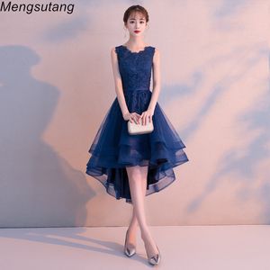 Robe de Soiree Navy Blue O-hals Mouwloos Kant Vestido de Festa Avondjurk Short Front Lange Back Party Jurken Prom Dresses LJ201125