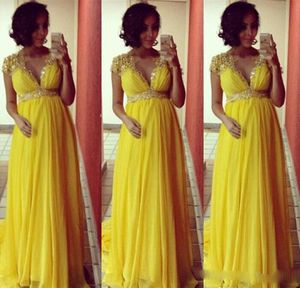 Robe De Soirée Nouveaute Jaune Robes De Demoiselle D'honneur Pour Les Femmes Enceintes Cap Manches Dentelle Mousseline De Soie Robe De Mariage Invité