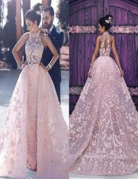 Robe de Soire Pink en dentelle appliques Highneck Glamorous Illusion Robes de soirée Luxury Détachable Robes de bal formelles4166570