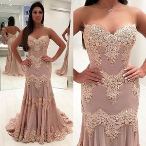 Robe de soiree Sweetheart Rose Pink Mermaid Lace Vestidos de noche Apliques Sexy Backless Prom Dress Vestidos de fiesta formales