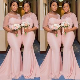 Robe Demoiselle d'Honneur Illusion Mermaid Afrikaanse Roze Bruidsmeisjes Jurken Half Mouw Bruiloft Gastjurk Prom Partyjurken