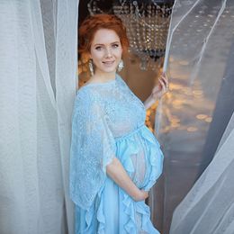 Robes 2020 dentelle élégante bleu ciel appliques perlées mariée pure robes de maternité longue en mousseline de soie sexy fête photographie robe de soirée