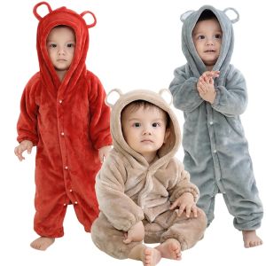 Gewaden baby pyjama flanel romper kinderbeer jumpsuit hoodie stevige kleur super zachte winterkleren met een enkele borsten voor pasgeborenen