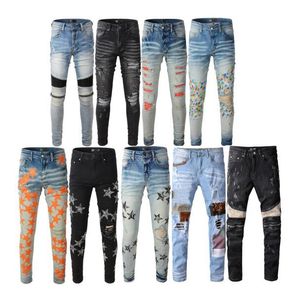 Causale mannen jeans nieuwe modeheren stylist zwart blauw skinny gescheurde vernietigde stretch slanke fit hiphop broek 28-40 topkwaliteit