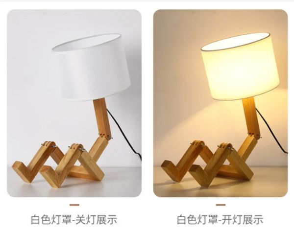 Forme de robot Lampe de table en bois E14 Porte-lampe 110-240V Tissu moderne Art Wood Desk Table Lampe de nuit d'étude intérieure