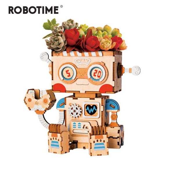 RoboTime 3D Boîte de robot en bois Puzzle créatif Boîte de rangement de pot de fleuris