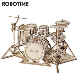 Robotime 4 tipos DIY 3D instrumento musical juego de rompecabezas de madera montaje saxofón batería acordeón violonchelo juguete para regalo para niños 220715