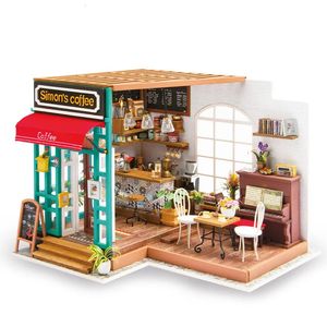 RoboTime Art Dollhouse Diy Miniature House Kits Mini Dollhouse With Furniture Simons Coffee Toys for Children Girls Gift DG109 240514