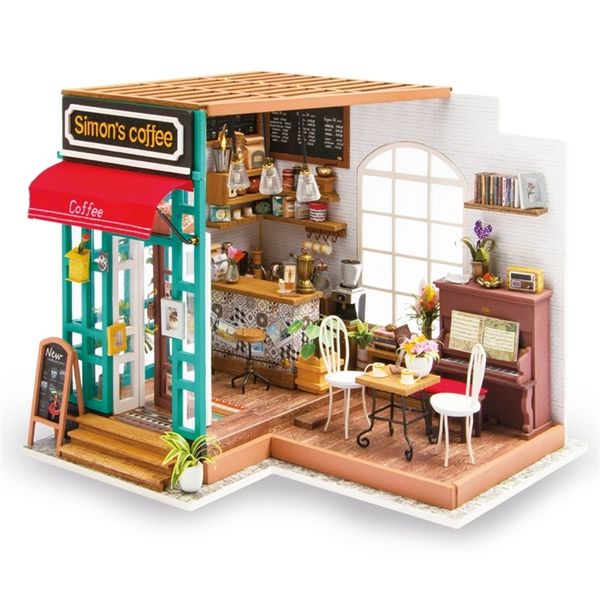 Robotime Art Dollhouse DIY Miniature House Kits Mini Dollhouse avec meubles Simon's Coffee Toys pour enfants Cadeau de fille DG109 201215