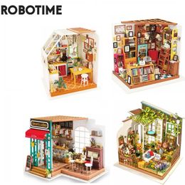 Robotime Diy House con sala de estudio de muebles Simons Coffee Children Children Doll House Miniatura ManiChuse Kits de madera Toy 240516