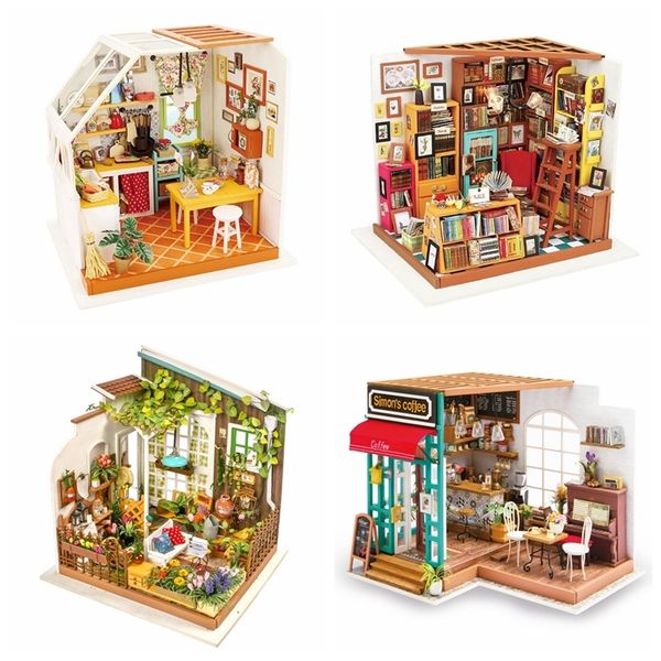 Robotime DIY Maison avec Meubles Salle D'étude Simons Café Enfants Adulte Poupée Miniature Maison De Poupée En Bois Kits Jouet 220715