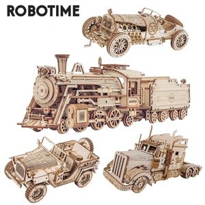 Robotime Rokr 3D Puzzle mobile vapeur TrainCarJeep assemblage jouet cadeau pour enfants adulte en bois modèle blocs de construction Kits 240122