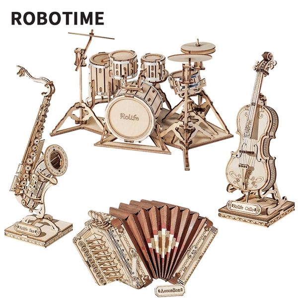 Robotime Rolife 3D juegos de rompecabezas de madera saxofón tambor kit acordeón violonchelo modelo juguetes para niños regalos de cumpleaños 220715