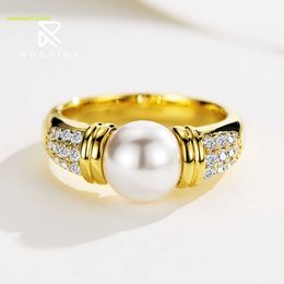 Rochime Classic Design Vintage 925 Silver 18K Gold plaqué 8 mm Perle Diamond Ring Luxury Zircon Bijoux pour les femmes