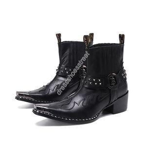 Rock véritable cuir cheville hommes bottes Western Cowboy hommes bottes bout pointu tête de fer noir équitation/moto fête Botas