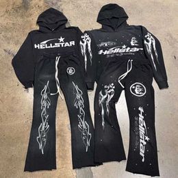 Rock Hip Hop Street Hellstar Sweates Set Washed Flame Letter Print Hooded Pullover Men Femmes surdimensionnées surdimensionnées Sweatshirts S-XL T0JL #