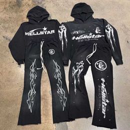 Rock Hip Hop Street Hellstar Hoodies Set Washed Flame Letter Print Kapuzenpullover Männer Frauen Übergroße Hell Star Sweatshirts T 80U3 V15E