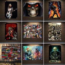 Rock Metal Muziek Tapijt Muur Grafiek Hip Hop Reggae Muur Kunst Posters Decoratieve Banner Muur Hangende Vlag met 4 doorvoertules Bar Cafe Garage Man Cave Home Decor