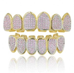 Rock Microinlaid Hip Hop Tands Grillz Pink Zirkon Fang bovenste bodemtanden Grills Set Copper Jewelry6113246