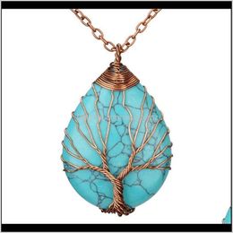 Pendentifs en pierre d'opale de quartz naturel de roche couleur or rose pendentif en cristal en forme de goutte enveloppé d'arbre de vie à la main Qylkaf Hsltu Fgb6E