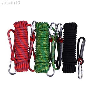 Rotsbeveiliging 10 mm x 10m 20m 30m 50m Klimiettouw Outdoor Camping Equipment Gear Wall Hill Survival Fire Escape Safety Striped Buckle HKD230811