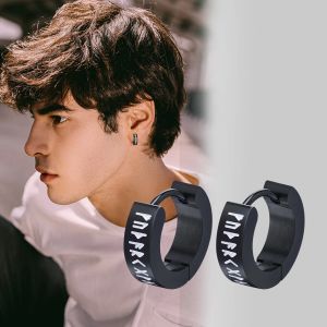 Rock Punk Noorse Viking Runes Hoop Oorbellen voor mannen, Waterdicht 14K Zwart Goud Huggie Hoops Ear Gift Sieraden, brincos masculinos