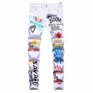 Rock Punk Style Design Lettres colorées pour hommes Jeans imprimés Blanc Slim Straight Stretch Denim Pantalon Streetwear Pantalon jeans x4NQ #