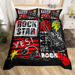 Rock Roll Music King Queen Liber Set Headset and Guitar Guitar Couptin Punk Graffiti Style Couverture de courtepointe Polyester Counter