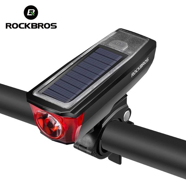 Rockbros Bicycle Headlight Light Light Bike Horn Light Solar USB Charge 120db Electronic Bell Smart Senting Cycling Lampe de poche