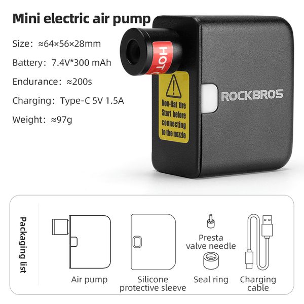 Rockbros mini pompe à air électrique portable 100psi de type-C de charge pneu de voiture infranteur de moto