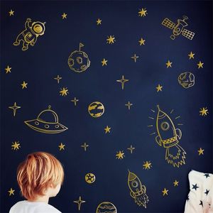 Raket Astronaut Star Sticker Jongen Kinderkamer Satelliet Space Aarde Muur Decal Nursery Slaapkamer Vinyl Home Decor 210310