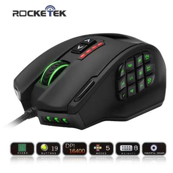 Souris de jeu USB Rocketek 16400DPI 19 boutons design ergonomique pour accessoires informatiques de bureau souris programmable gamer lol PC