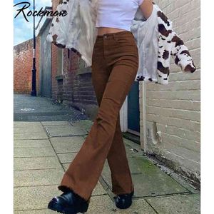 Rockmore Brown Denim Pantalon Taille Haute Poches Cargo Skinny Flare Ripped Jeans Femmes 90S Streetwear Pantalon Automne 210915