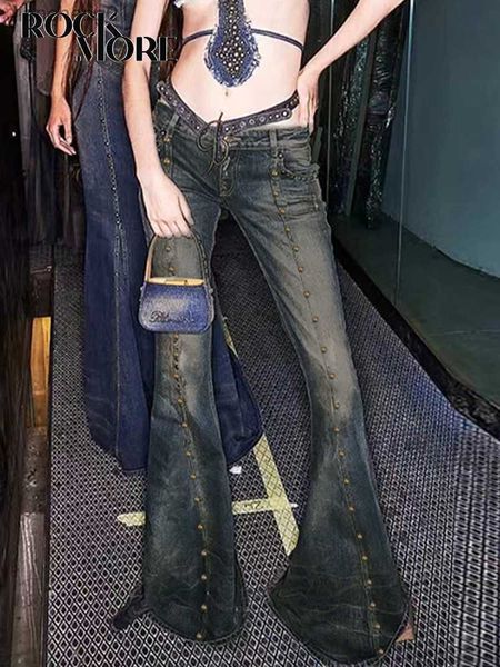 Rockmore Chic Rivet Jeans a vita bassa Donna Y2K Estetica Slim Flare Pants Street Fashion Tech Retro Grunge Fairycore Denim Pantaloni L230619