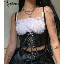 Rockmore Gothique PU Corset En Cuir Femmes À Lacets Crop Top Punk Style Corselet Porter Bustiers Cummerbunds Tops Streetwear mujer 220617