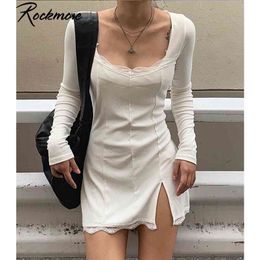 Rockmore Split Lace Sexy Mini Dres Transparante Lange Mouw Bodycon Square Collar Boven Knie Es Party Vedtidos 210623