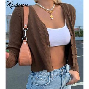 Rockmore Pull Tricots Femmes Automne À Manches Longues Col En V Tricoté Cardigans Harajuku Coréen Brun Crop Tops Solid Outwear 210922